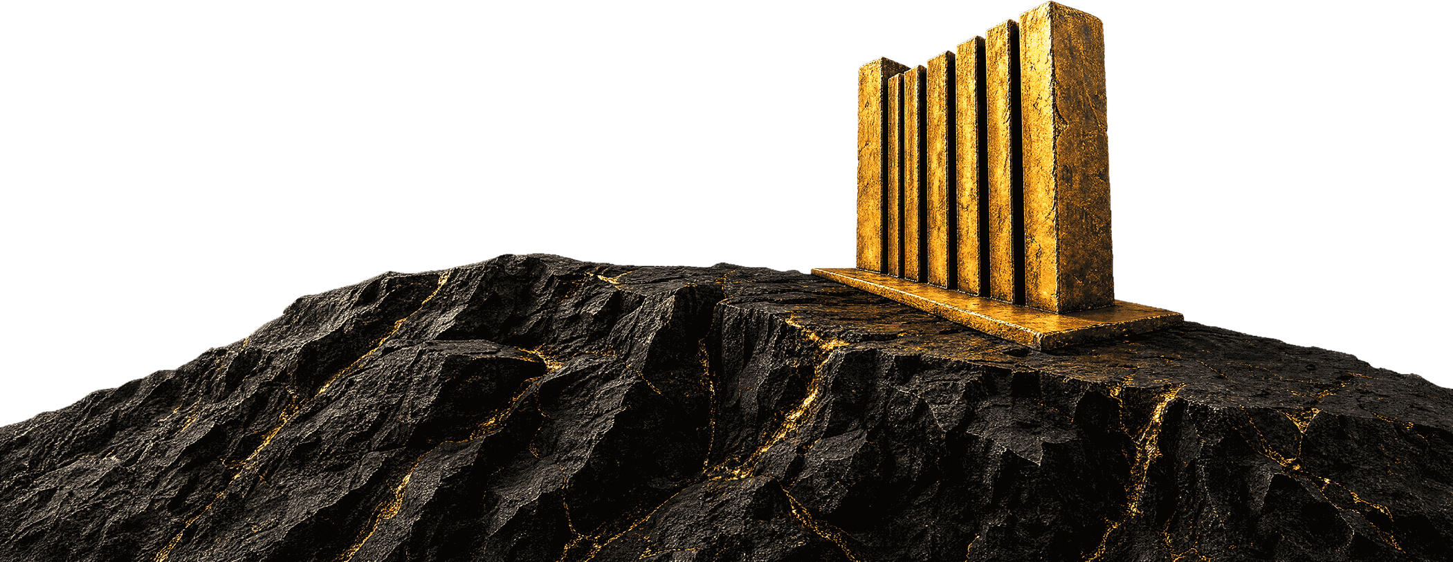The Metal Mortgage mark as a forged gold monument standing on a black volcanic ridge