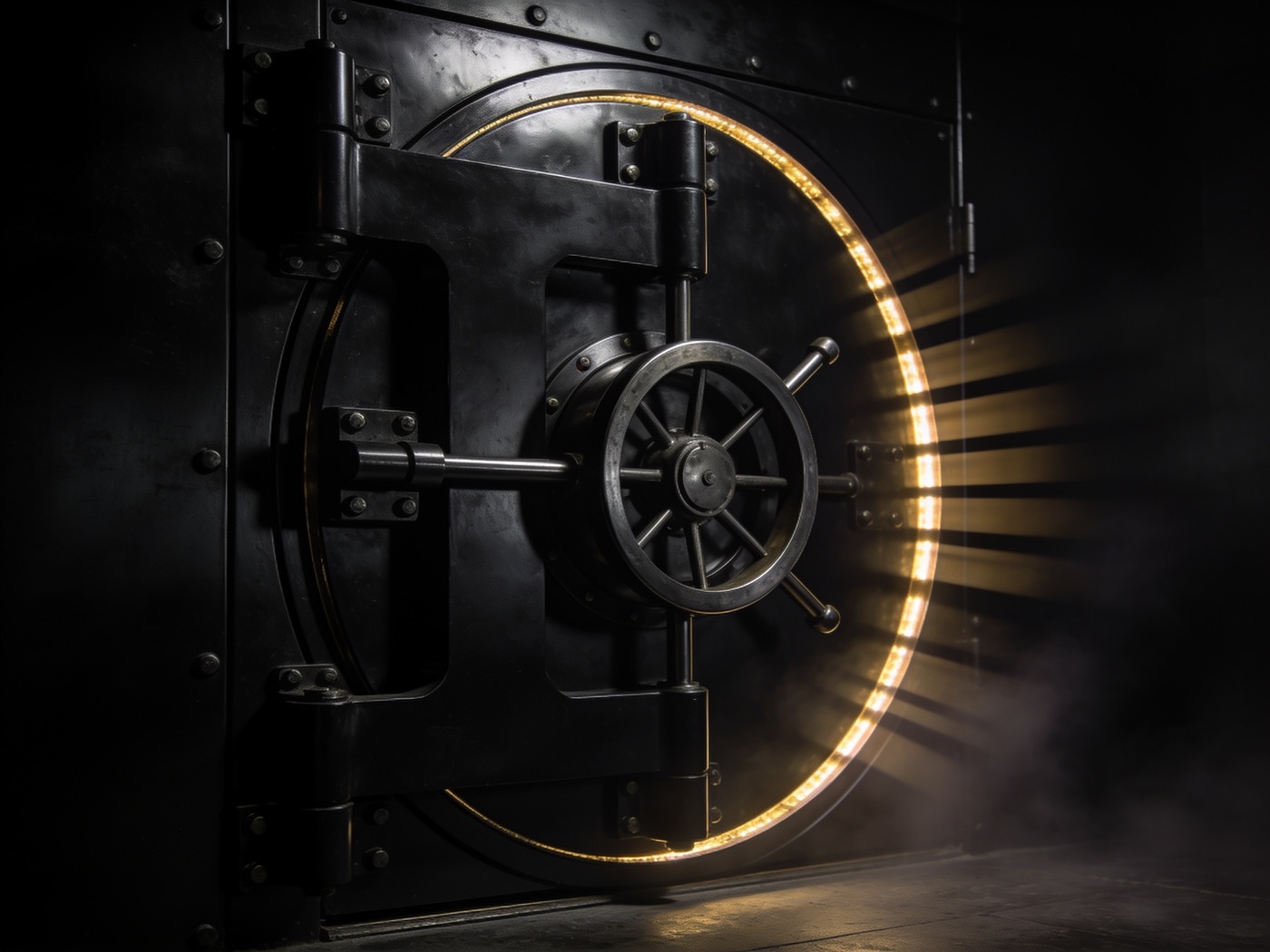 A sealed black bank vault door with gold light escaping around its edges